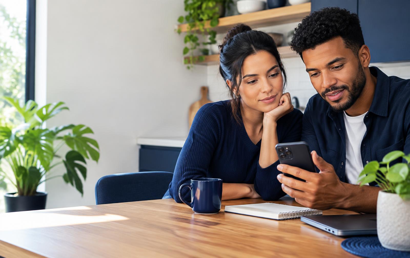 Casal organizando as finanças pelo celular